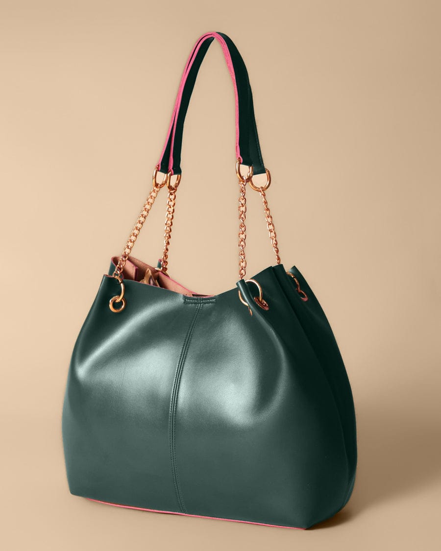 Chain Décor Shoulder Tote Bag (Pine Green)